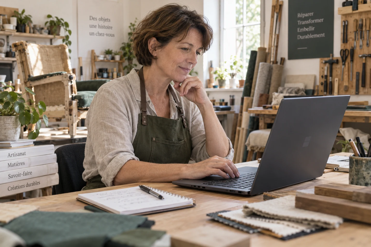 Une artisane organise son suivi client sur un PC portable dans son atelier.