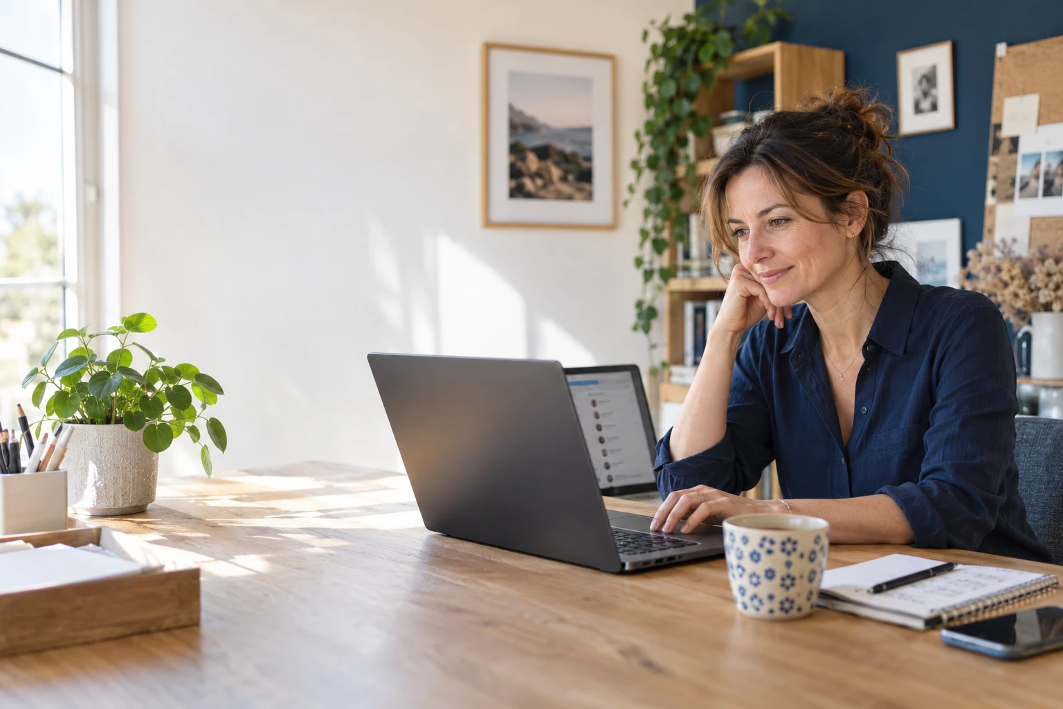 Une indépendante travaille sur son PC portable à son bureau.