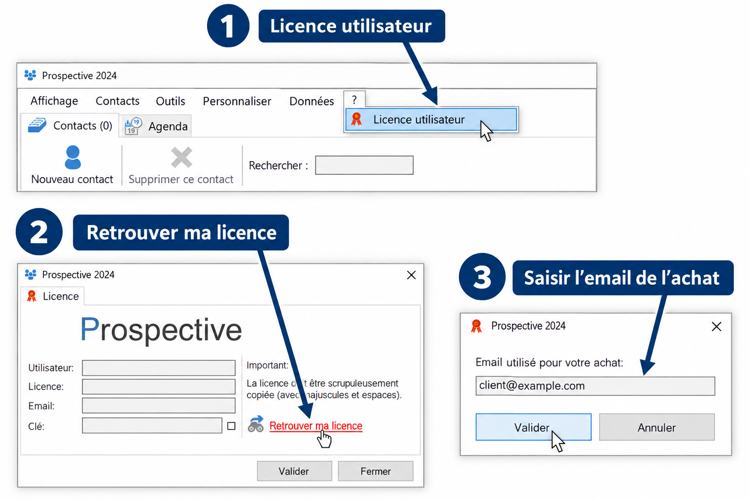 Retrouver ma licence Prospective — étapes illustrées